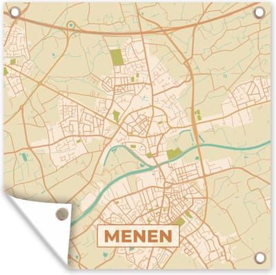 Tuin poster Plattegrond - Kaart - België - Vintage - Menen - Stadskaart - 200x200 cm - Tuindoek