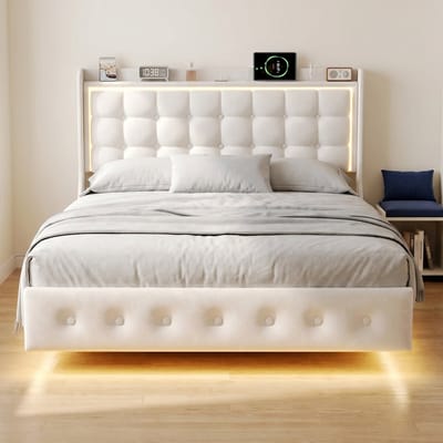 Zwevend tweepersoonsbed 160x200 cm - Bedframe met LED-verlichting en USB-poorten - Fluwelen hoofdbord - Modern design - Wit