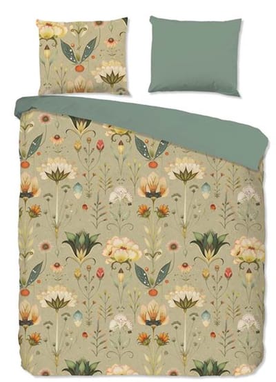 Good Morning dekbedovertrek bloemen en planten - 2 persoons 200x200/220 cm - Groen - 100% Katoen renforc�
