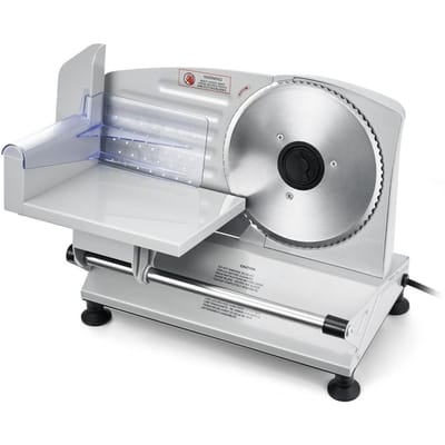 Trancheuse à viande, Trancheuse électrique de charcuterie 150W avec lame tranchante de 170 mm, Trancheuse à viande domestique avec vitesse de tranchage de 65-90 tr/min, Épaisseur réglable de 0 à 15 mm,