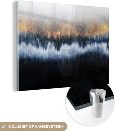 MuchoWow® Glasschilderij 40x30 cm - Schilderij acrylglas - Abstract - Goud - Luxe - Blauw - Foto op glas - Muurdecoratie woonkamer - Wanddecoratie slaapkamer - Schilderijen