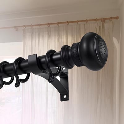 Romeinse gordijnroede - Verstelbare roede - Raambekleding ophangen - Houtnerf ontwerp - 70-600 cm - Zwart