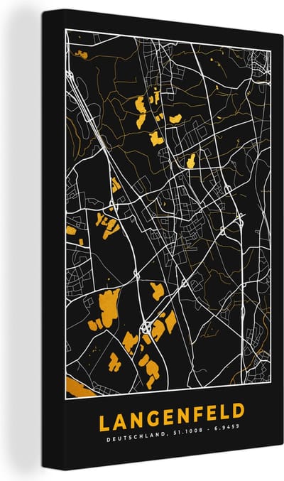Canvas Schilderij Black and Gold – Stadskaart – Langenfeld – Duitsland – Plattegrond – Kaart - 20x30 cm - Wanddecoratie