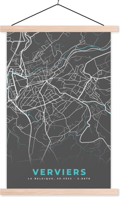 Posterhanger incl. Poster 40x60 cm - Schoolplaat - Stadskaart – Grijs - Kaart – Verviers – België – Plattegrond - Textielposter - Blanke latten - Stadskaart