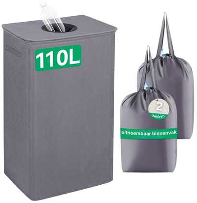Flessenverzamelbak - Flessenverzamelaar - 110 Liter - Met Deksel - Flessentas - Keuken Opslag - Bergruimte - Grijs - Draagtas - Flessenverzamelaar Met Gat