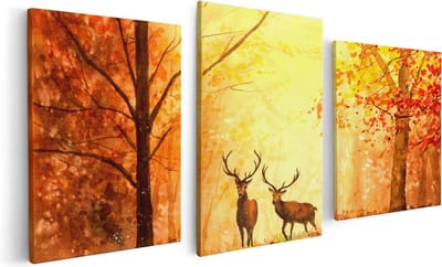 Artaza Canvas Schilderij Drieluik Getekende Herten In Het Bos - Herfst - 120x60 - Foto Op Canvas - Canvas Print
