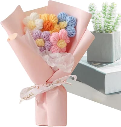 Gehaakt Bloemenboeket - Handgemaakte Decoratie - Bureau Middelpunt - Duurzaam Zacht Materiaal - 18x14x6cm - Roze