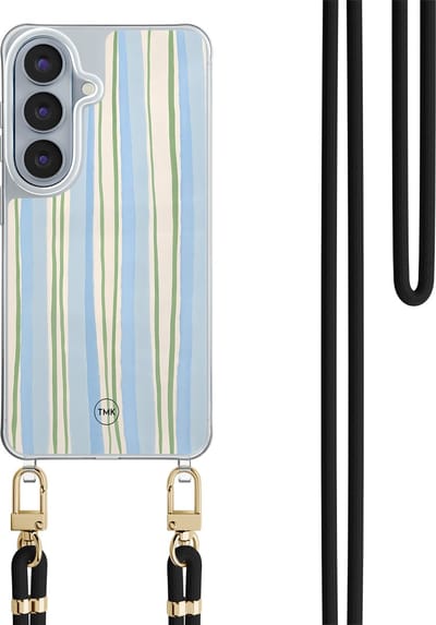 Telefoonhoesje met koord geschikt voor Samsung S26 - Pastelblauwe strepen - Inclusief koord - Transparant, Multi - - Crossbody beschermhoes - Met Telefoonketting