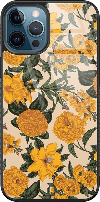 Hoesje geschikt voor iPhone 12 - Retro flowers - Luxe Glazen Hardcase - Bloemen - Geel - Leuke Telefoonhoesjes