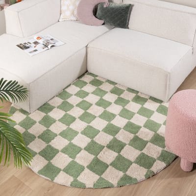 Fraai Rond retro vloerkleed - Gambit Groen/Wit - Ø 80cm