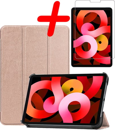 Hoesje Geschikt voor Apple iPad Air 5 (2022) - 10.9 inch - 5e Generatie - M1 - Met Screenprotector - Trifold Bookcase - Hard Cover - Hardcover Book Case - Tablet Hoes - Rosé goud