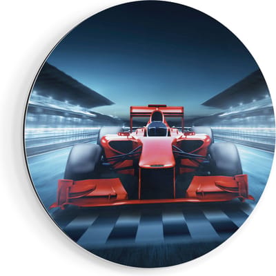 Artaza Dibond Muurcirkel Formule 1 Auto bij de Finish - Rood - Ø 80 cm - Groot - Wandcirkel - Rond Schilderij - Voor Binnen en Buiten