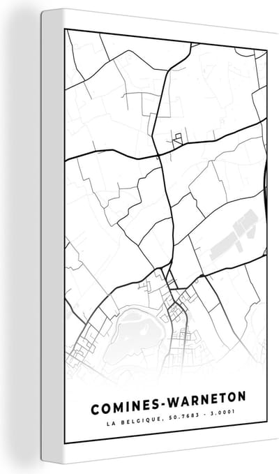 Canvas Schilderij Stadskaart – Zwart Wit - Kaart – Comines Warneton – België – Plattegrond - 20x30 cm - Wanddecoratie