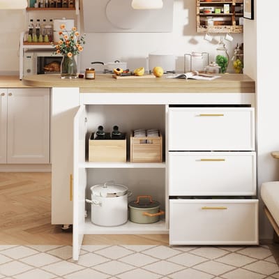 MODFU - Bartafel - 360° Draaibaar - 3 Lades En Verstelbare Planken - Klassiek - MDF En Metaal - Wit - 128-203 X 39 X 90 Cm