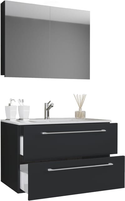 VCM 3-tlg. Waschplatz Waschtisch | Waschbecken Unterschrank Breite 80 cm | Badmöbel Set mit Schubladen Drehtüren Spiegelschrank | Badinos