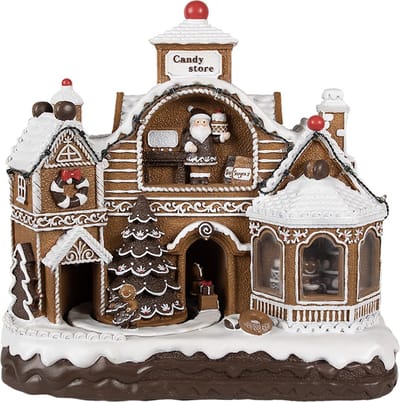 Clayre & Eef Kerstdecoratie met LED-verlichting en muziek 33x17x30 cm Bruin Kunststof Gingerbread house
