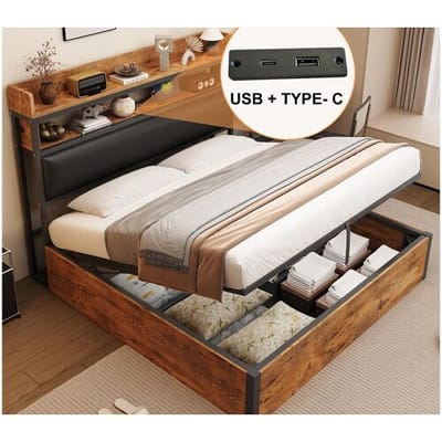 ModernLuxe Opbergbed 180x200 cm - met USB-poort en planken - zwart (matras niet inbegrepen)