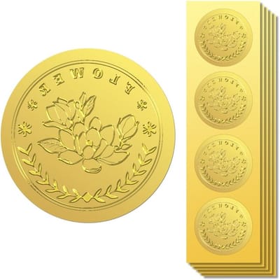 Gouden Folie Stickers met Geëmbosseerde Magnolia 5cm - 100 Stuks Zelfklevende Ronde Stickers voor Certificaten, Enveloppen en Cadeauversiering