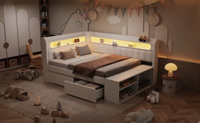 Slaapbank Met Usb En Led - 90x200 Cm Gepofte Bedbank Met Schoenenkast, Wit - Inclusief Twee Lades En Sfeerverlichting