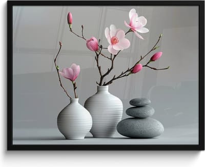 Poster in lijst - Fotolijst 80x60 cm - Posters - Magnolia - Bloemen - Roze - Zen stenen - Posterlijst zwart - Wanddecoratie badkamer - Muurdecoratie WC - Decoratieve accessoires - Toilet muur decoratie