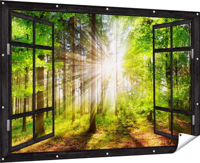 Gards Tuinposter Doorkijk Bos met Zon tussen de Bomen - 180x120 cm - Tuindoek - Tuindecoratie - Wanddecoratie buiten - Tuinschilderij