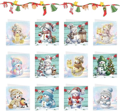 Cosensi - Diamantschilderkaarten Kerst thema 12 stuks met kristallen en sneeuwpoppen
