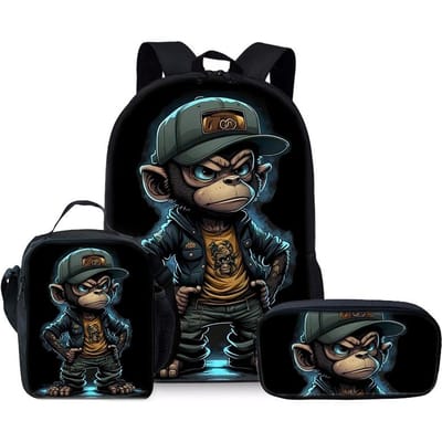 Cartoon Dier Aap Drie Delige Rugzak Set voor Jongens en Meisjes Beste Cadeaus 2D Platte Cartoon Schoolrugzak voor Kinderen black