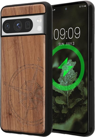 kwmobile Echt Houten Beschermhoes voor Google Pixel 8 Pro – Hout & TPU Cover – hout Vintage Kompas design