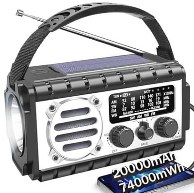 Noodradio met 20000 mAh en Zonne-Handslinger - AM/FM/NOAA/SW Weer Radio met Zaklamp, SOS-Alarmsysteem en Telefoonoplader voor Noodgevallen