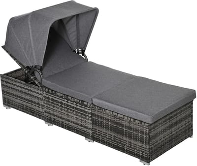 Sweiko Polyrattan Tuinligstoel - 195 x 65 x 40 cm - met luifel - Verstelbaar tuinbed - met kussen - Grijs