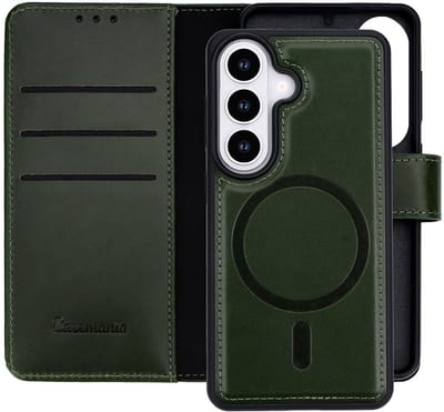 CaseMania Bookcase hoesje geschikt voor Samsung Galaxy S26 - Effen Groen - Leer - 2-in-1 Magnetisch Uitneembaar Design - Compatible met Qi2 & MagSafe