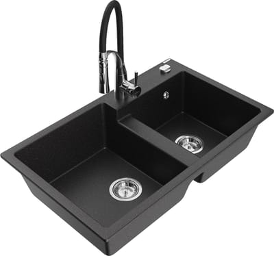 Mexen Tomas granieten spoelbak met 2 compartimenten en keukenmengkraan Aster, zwart/zilverkleurige metallic - 6516-73-73450-07