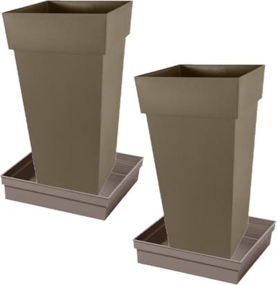 Set van 2x stuks bloempotten Toscane vierkant kunststof taupe 43 x 43 x 80 cm inclusief onderschalen - Bloempot set