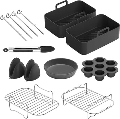 9-delige Accessoires voor Airfryer met Inzetstuk, Pizzapan, Siliconen Ovenhandschoenen en Spiesjeshouder voor 5 Inch Dubbele Airfryer