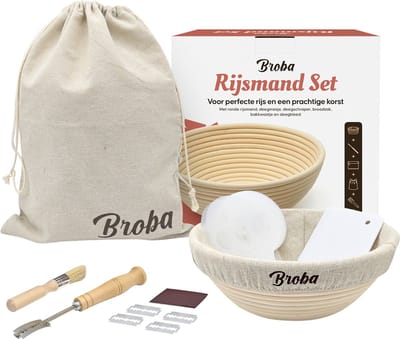 Rijsmand met Deegschraper en Broodzak - Rond Rijsmandje Broodbakken geschikt voor Zuurdesem - Broodmand Brood Bakken - Set met Deegsnijder Deegmesje Deegsteker Deegkleed - voor Zelfgebakken Brood