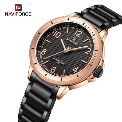 NAVIFORCE horloge met zwarte stalen polsband, zwarte wijzerplaat, gouden horlogekast en gouden wijzers, voor dames met stijl ( model 5021 RGBB )