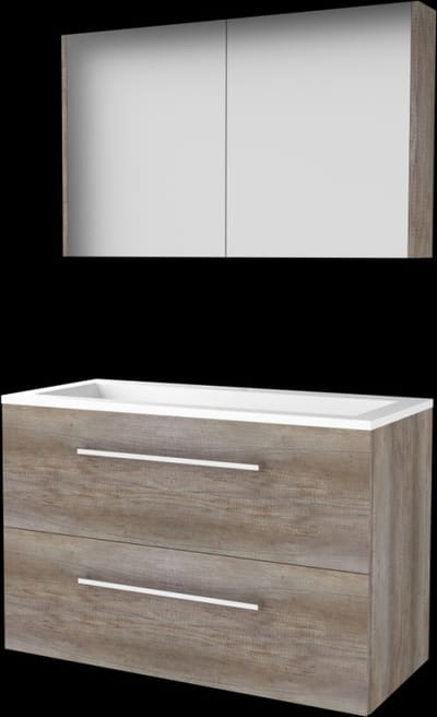 Basic Comfort 46 badmeubelset met spiegelkast, wastafelonderkast met grepen, 2 lades en acryl wastafel met 1 kraangat 100 x 46 cm, scotch oak