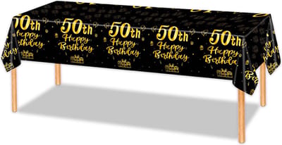 LUQ - Luxe Tafelkleed 50 Jaar Zwart Goud Verjaardag Versiering Tafelloper Plastic Tafelzeil Feest Tafellaken Xl Formaat