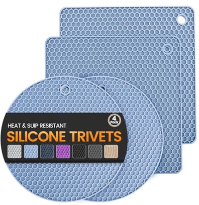 Siliconen onderzetter matten 4 hittebestendige pannenlappen multifunctionele antislip hete pads voor keuken pannenlappen, droogmat, potopener, lepelhouder, onderzetter (Nordic Blue)