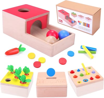 Houten speelgoed vanaf 1 jaar | 4-in-1 speelgoed voor de motorische ontwikkeling van baby's vanaf 6 maanden (jongens en meisjes) | Montessori objectpermanentie sorteerspel, houten puzzel, kinderverjaardagscadeau