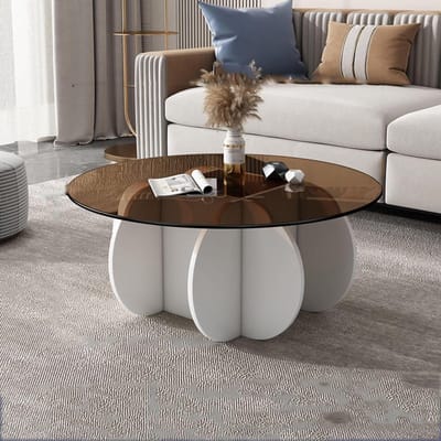 Ronde Salontafel - Glazen Tafel - Woonkamer Decoratie - Massief Houten Basis - 80x40cm - Wit Groenblauw
