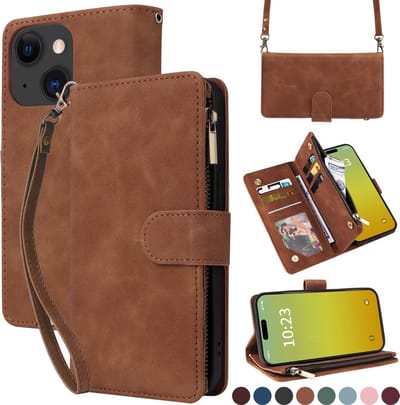 YPCd Wallet Case Pasjeshouder met Rits – Geschikt voor Apple iPhone 15 – Luxe Bookcase Hoesje met 6 Pasjesvakken & Polsbandje – Bruin