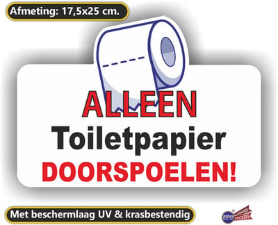 Jerma - Alleen toiletpapier doorspoelen – Sticker – 17 x 25 cm - Zelfklevend - krasbestendig - Vinyl