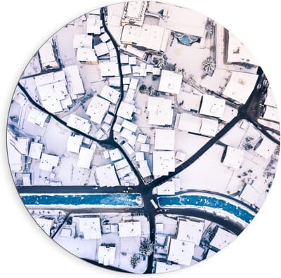 Dibond Wandcirkel - Bovenaanzicht Stad  - 90x90cm Foto op Aluminium Wandcirkel (met ophangsysteem)