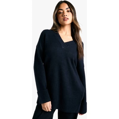 boohoo Dames Gebreide V-hals Oversized Slordige Trui | Navy | Maat: Small