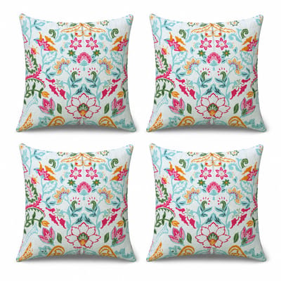 Set van 4 Kussenhoezen 45x45 cm | Sierkussens woonkamer | Katoenen canvas cushion covers | Digitale print | Lichtblauw met multicolor bloemenprint