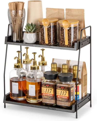 Famanu - Zwarte houten aanrecht koffiebar organizer met 2 lagen, compacte opbergplank voor koffiecups en bekers in keuken of kantoor