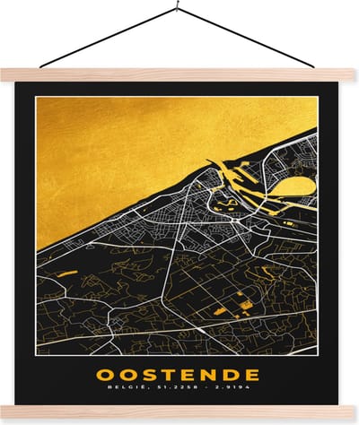 Posterhanger incl. Poster 40x40 cm - Schoolplaat - Stadskaart - Oostende - Plattegrond - Goud - Kaart - Textielposter - Blanke latten - Stadskaart