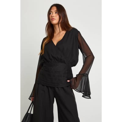 boohoo Dames Chiffon wikkelblouse met fluitmouwen | Black | Maat: 6