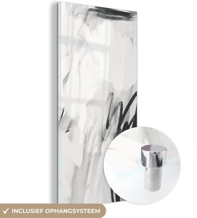 MuchoWow® Glasschilderij 20x40 cm - Schilderij acrylglas - Kunst - Zwart - Wit - Abstract - Foto op glas - Schilderijen